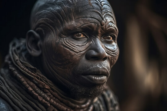 Contemplative Tribal Old Man with Scarification. Generative AI