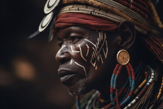 Generative AI image of an elderly African tribesman with traditional face paint and headgear, displaying cultural markings and adornments