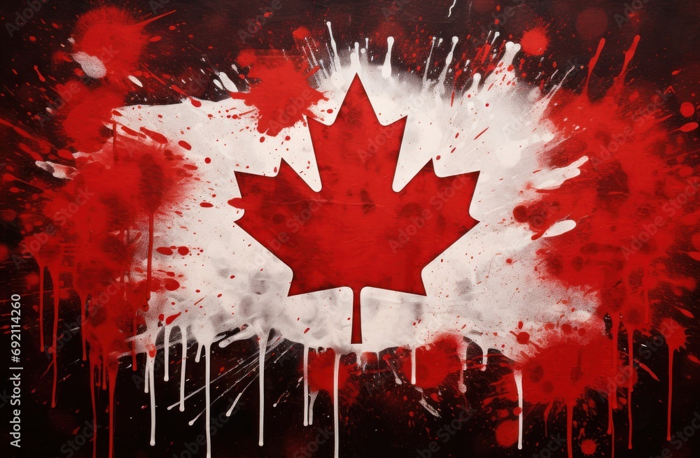 Poster a painting of a canadian flag with red paint splatters on the bottom and bottom of the maple leaf.