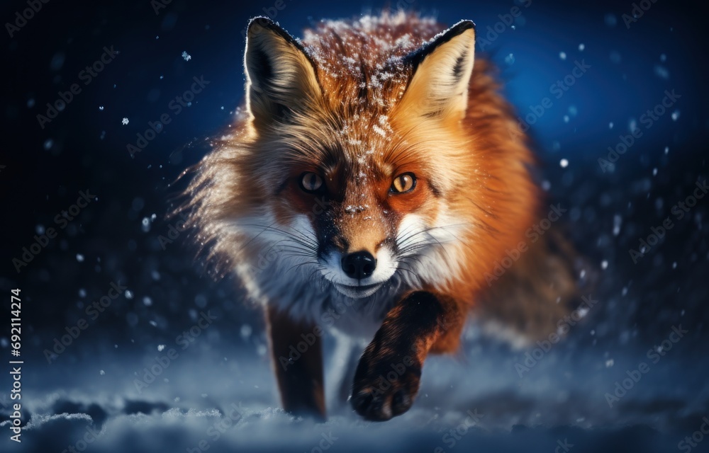 Aufkleber a close up of a fox running in the snow with snow flakes on it's face and tail.