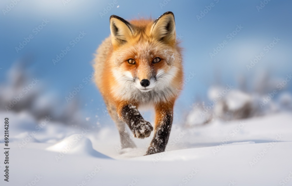 Poster a red fox running through the snow with a blue sky in the background of the picture and trees in the