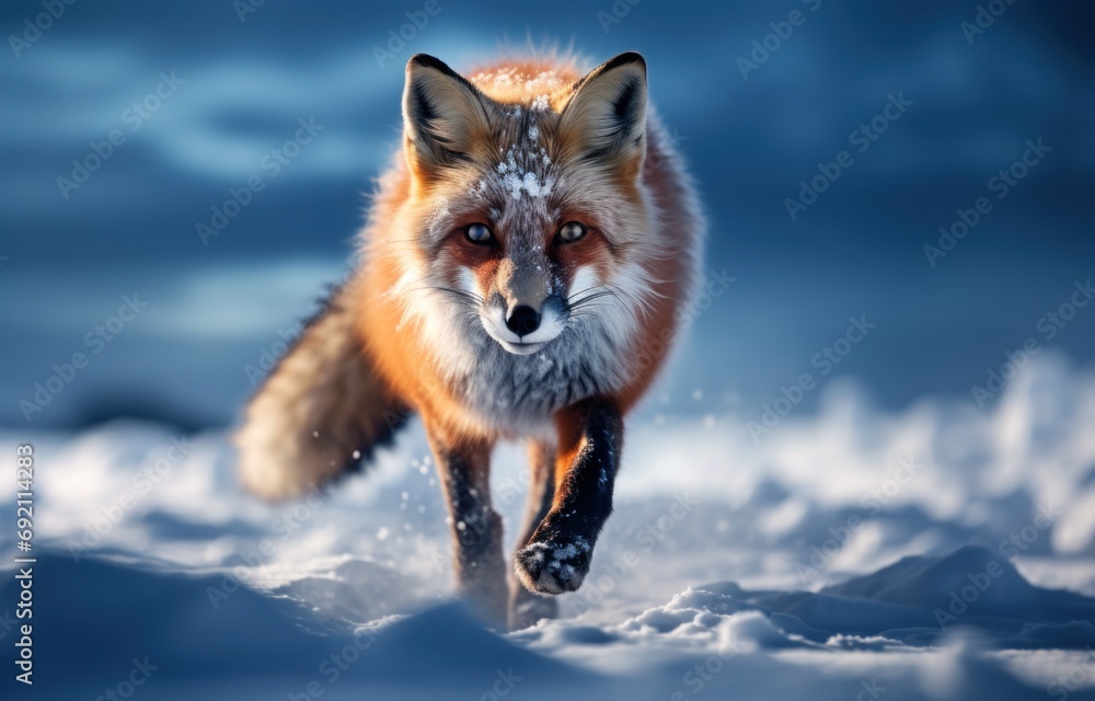 Poster a close up of a fox running in the snow with it's head turned to look like it's coming out of the sn