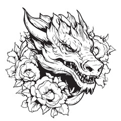 Hand drawn floral dragon isolated on white background. Vector illustration