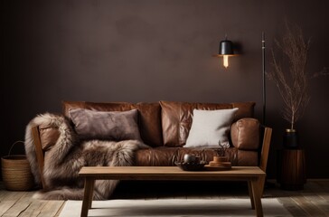 living room with brown leather sofa and fur throw pillows