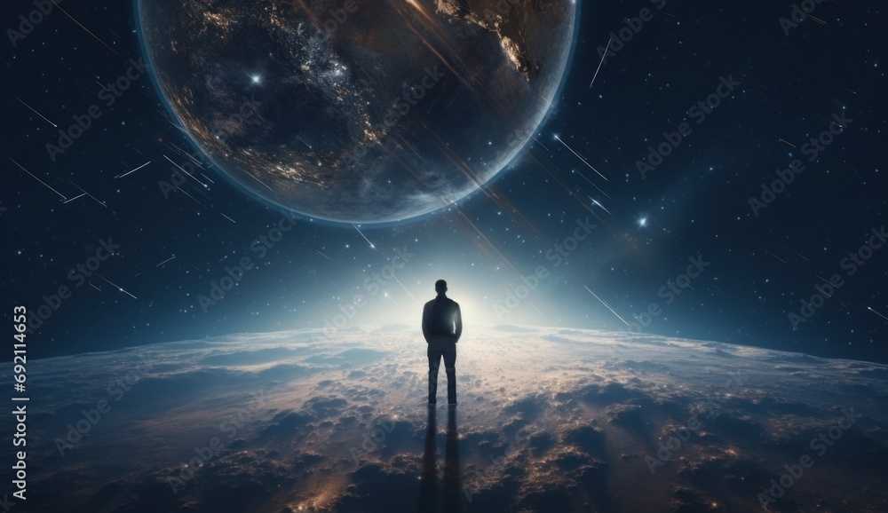 Canvas Prints man standing on the earth looking at earth from space