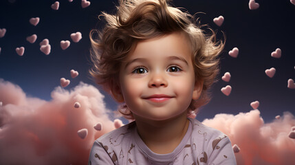Toddler boy in pink clouds. Toddler Sleep Concept - obrazy, fototapety, plakaty