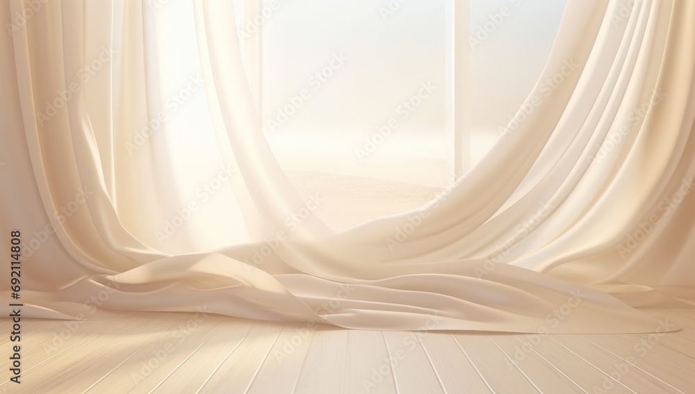 Poster a white room with a window and a white curtain draped over it the floor is visible at the bottom of 