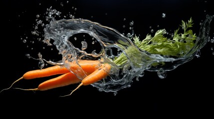 Carrots in a splash of water on a black background. Premium fresh organic vegetables