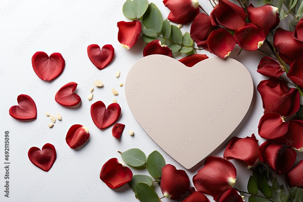 Poster a paper heart card is seen amidst a cluster of vibrant roses and delicate petals, creating a visuall