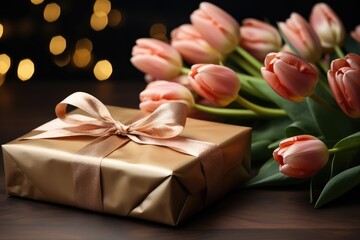 A present box wrapped with a bow, accompanied by a vibrant bouquet of tulips in Mother's Day
