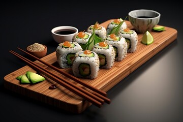 Sushi Set on wooden plate with soy sauce and wasabi