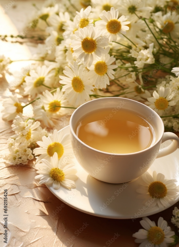 Poster some chamomile tea and flowers