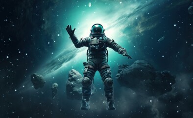 space astronaut in space with galaxy behind him and starry sky