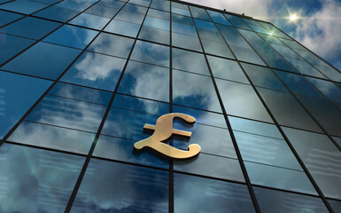 Pound Sterling symbol UK money glass building concept - obrazy, fototapety, plakaty