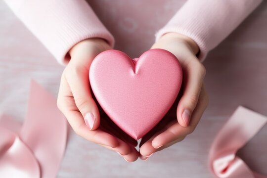 Close up on female hands holding a gift in a pink heart presents for valentine day, flatlay. Generative ai image