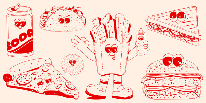 Set of fast food characters in retro linear style. Hamburger, pizza, soda, hod dog, fries. Doodle illustration in retro cartoon style.