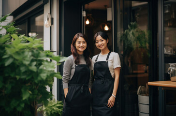 two women standing in front of a cafe