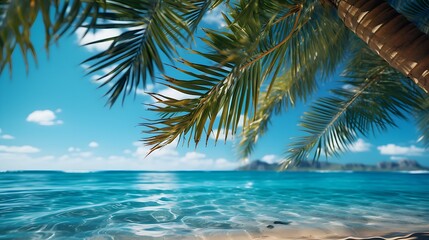 Fototapeta na wymiar tropical paradise with turquoise sea and palm branches