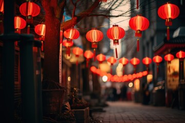 Chinese traditional paper lanterns on the chinese street. Chinese celebraing new year. Year of the dragon. Generative ai image - obrazy, fototapety, plakaty