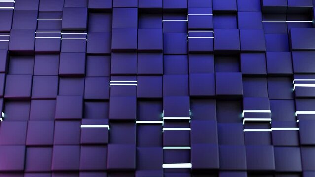 Abstract 3d animation, dark looped background. geometric cubes or blocks, shiny surface, glowing light, blue colors. square shapes. Animated stock motion design, technology modern style