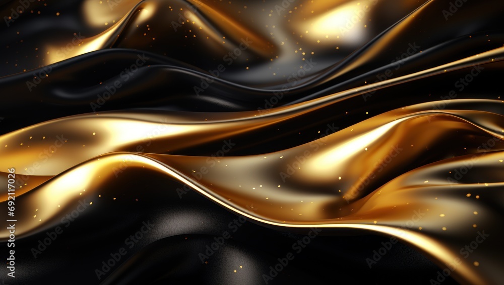 Poster a black and gold wavy background with gold flecks on the edges of the image and a black background w