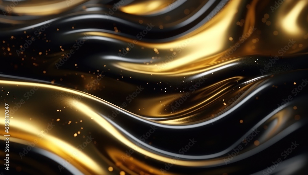 Poster a close up of a gold and black background with wavy lines and drops of gold on the bottom of the ima