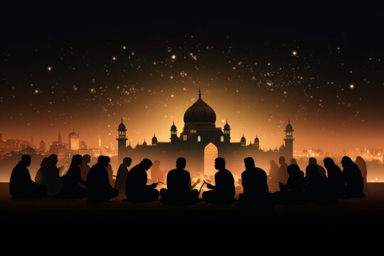 Serene Ramadan. Crescent Moon and Picturesque Mosque Silhouette in Starry Sky, Iftar Gathering