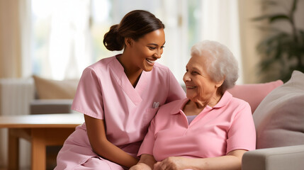 Obraz premium Beautiful young black medical nurse in light pink uniform helping an elderly senior old woman patient with gray hair smiling. Female pensioner post surgery assistance, home nursing caregiver 
