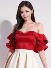 portrait of a woman Beautiful girl in red dress on white background in casino studio