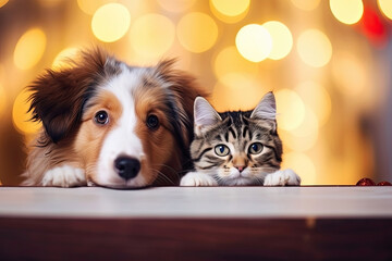 A cat and a dog peeking out from behind a wooden board. Cute puppy and kitten with a defocused Christmas background, cozy atmosphere. Christmas promotional banner for pet shop or vet clinic. - obrazy, fototapety, plakaty