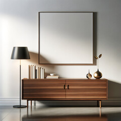 Contemporary home interior with artwork mockup, sleek wooden sideboard, elegant table lamp, minimalist decor, modern living space, stylish room design, luxury home staging, chic wall art display