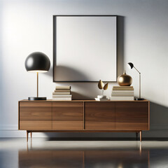 Contemporary home interior with artwork mockup, sleek wooden sideboard, elegant table lamp, minimalist decor, modern living space, stylish room design, luxury home staging, chic wall art display