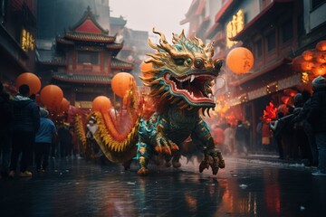 Chinese dragon as a character for the dragon dance at the Chinese New Year festival. Generative ai image - obrazy, fototapety, plakaty