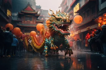 Poster Chinese dragon as a character for the dragon dance at the Chinese New Year festival. Generative ai image © netdrimeny