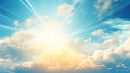 Warm light sunshine and blue sky background. Sun and cloud. happy day
