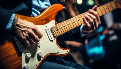 Dynamic music band performing on concert stage with blurred background and energetic guitarist