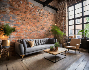 Modern Loft Living Room with Contemporary Furniture and Industrial Style