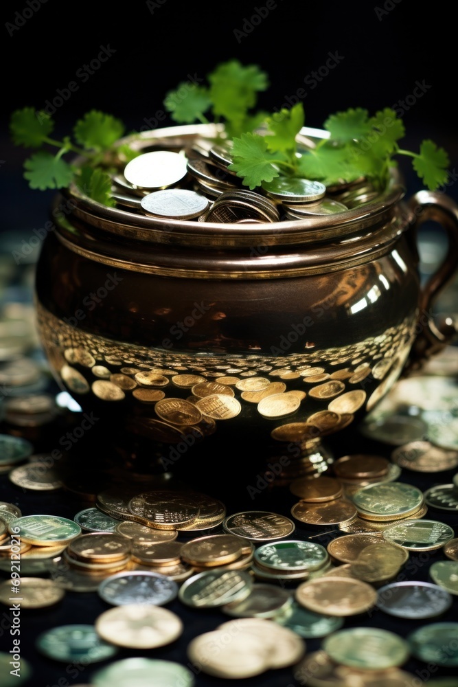 Poster A bowl filled with coins and a plant on top of the coin pile, AI