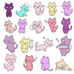 Vector hand drawing  kawaii Kitty clip art minimal style . Various gestures and expressions collection for kids