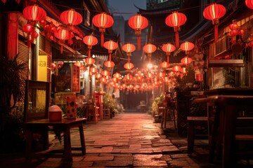 Chinese traditional paper lanterns on the chinese street. Chinese celebraing new year. Year of the dragon. Generative ai image