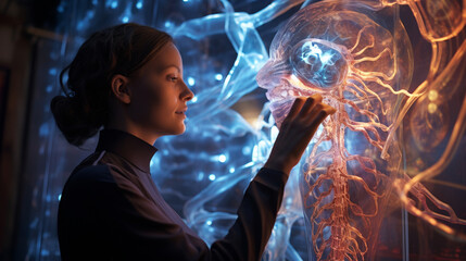 A conceptual artwork depicting a scientist using advanced imaging technology to explore the intricate details of human anatomy at a cellular level, representing the quest for medic