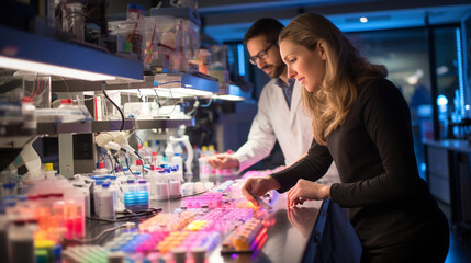 Fototapeta premium A high-tech laboratory scene with researchers employing CRISPR technology, showcasing the revolutionary tools that have transformed genetic research and medical possibilities.