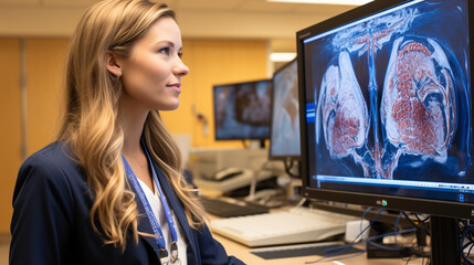A dynamic photograph capturing a medical researcher analyzing brain scans on a large monitor, highlighting the exploration of neurological pathways and the study of brain disorders
