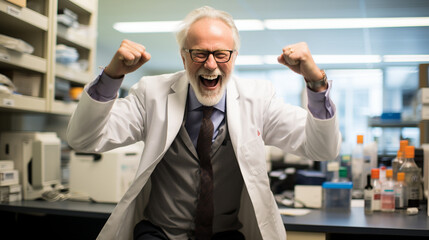 Naklejka na ściany i meble An emotionally charged image of a researcher celebrating a successful experiment, conveying the passion and dedication that drive breakthroughs in medical science.