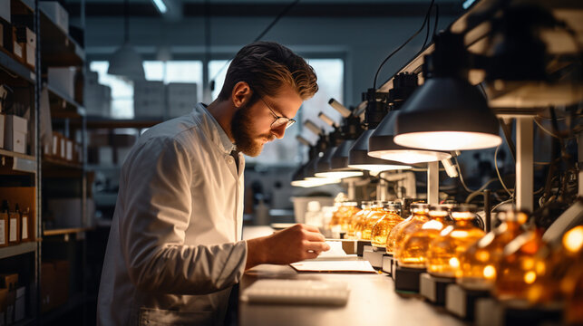 A captivating snapshot of a researcher gazing through a microscope at live cell cultures, surrounded by the soft glow of ambient lighting, conveying the precision and dedication in