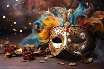 Tuinposter Festive venetian carnival mask on gray background, new year celebration © Lubos Chlubny
