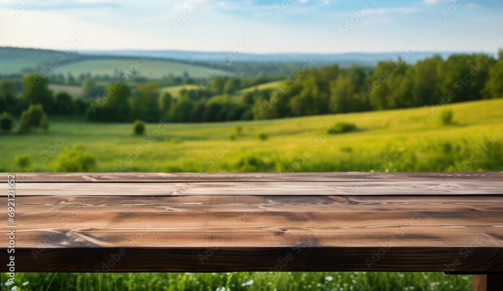 Poster a wooden table sitting in front of a scenic view of a green field and a lush green field with trees.
