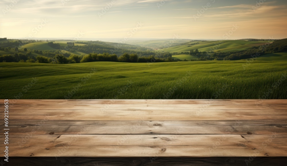 Poster an empty wooden table in front of a scenic view of a green valley with rolling hills and rolling hil