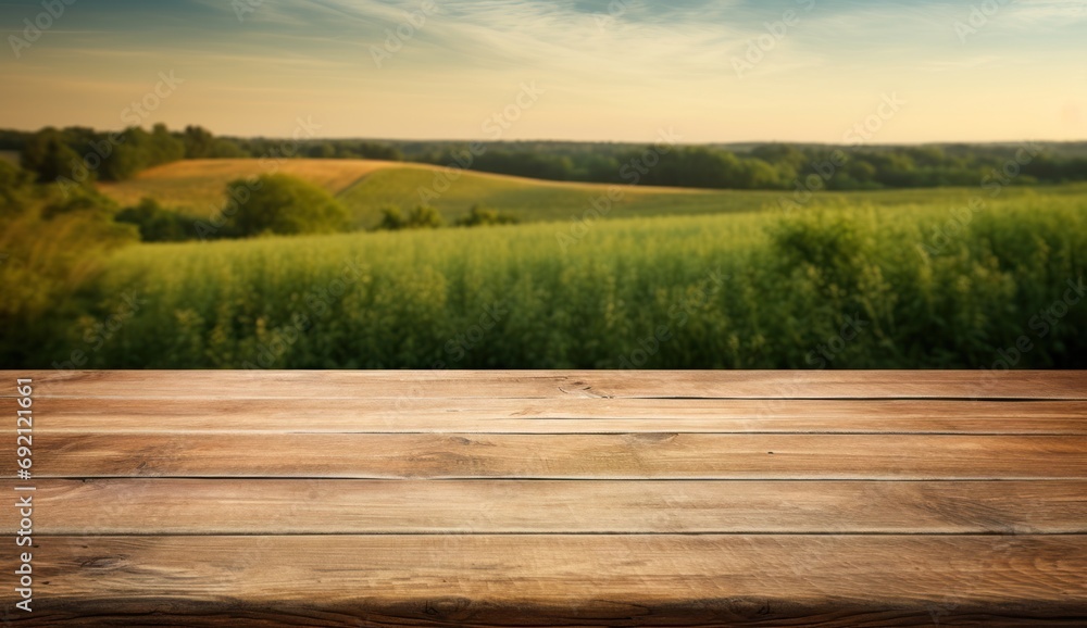 Aufkleber a wooden table top with a view of a green field and a field of trees in the distance with a blue sky