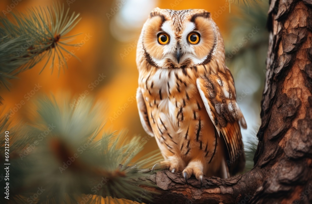 Poster a close up of an owl on a branch of a tree with a background of pine needles and yellow leaves.